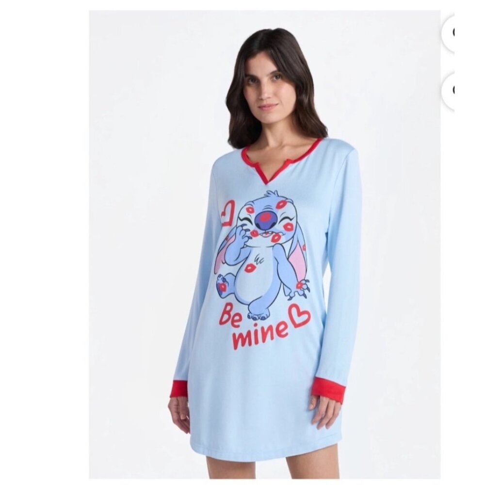 Stitch Disney NWT Sleep Shirt Wmn's Lrg 12-14 Long Sleeve Kisses Hearts Pajama